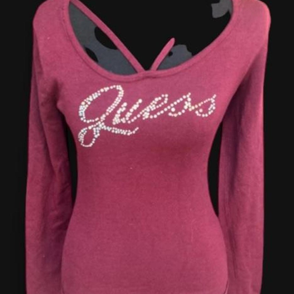 Vintage Guess Maroon Long Sleeve Rhinestone Script Logo Top M W83R57R1NN0